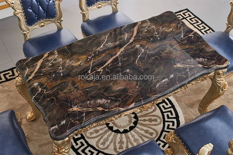 European Marble Rectangular Dining Table And Chairs Set Gold High-Grade Double Sided Carved Leather Dining Chairs Set