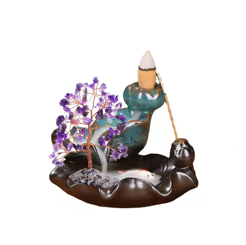 Natural Crystal Chips Tree  Meditation Aromatherapy Ceramic Backflow Incense Holder Handmade Waterfall Incense Burner