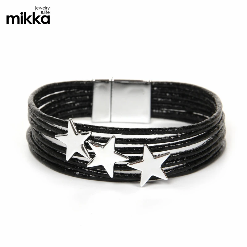 Multiple Layer Star Charms PU Leather Handmade Magnetic Clasp Bracelet for Women Jewelry Gift