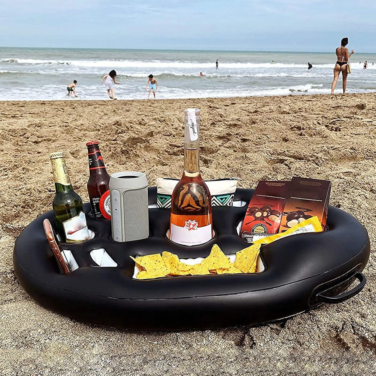 Classic Black Drink Holder Ice Bar Inflatable Floating Pool Bar Floating Food Tray Blow Up Beach Bar Float Customizable