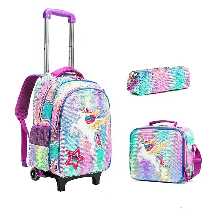 
cute sequin detachable trolley backpack 3 pcs children school bags sets sac ecole licorne unicorn school trolley bag for girls 