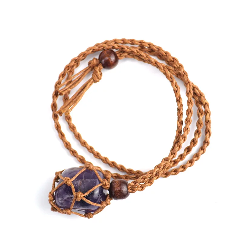 Handmade Hemp Rope Necklace with Pure Natural Stone Crystal Stand Geometric Pattern Vintage Boho Style Hand Woven Lace