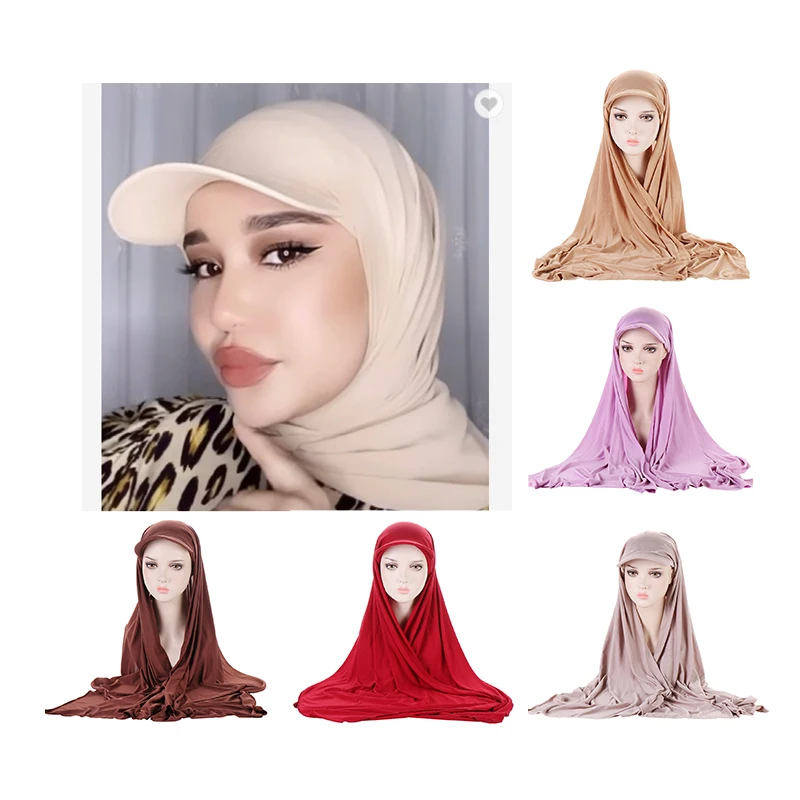 Ramadan Muslim Fashion Baseball Caps With Scarf Hijab Shawl Solid Color Bandana Turban Hat For Women Ready Wear Headwrap Bonnet
