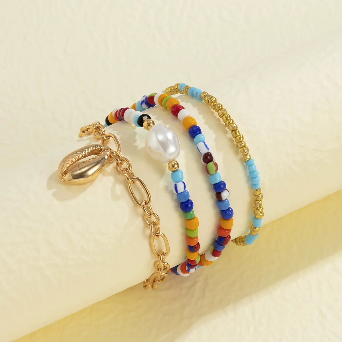 Dropshipping Designer Charms Woven Bracelet Women Rainbow Seed Bead Pearl Gold Shell Dangle Bracelet Set