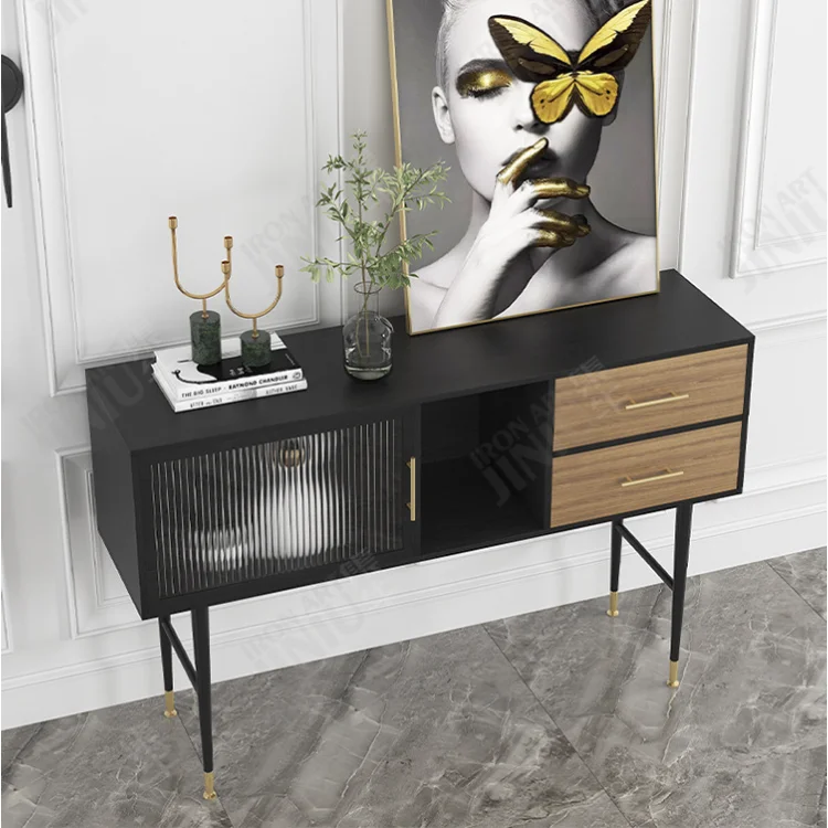 Living Room Furniture Tv Console Table Modern Storage Cabinet Metallic Sideboard With Ribbed Glass