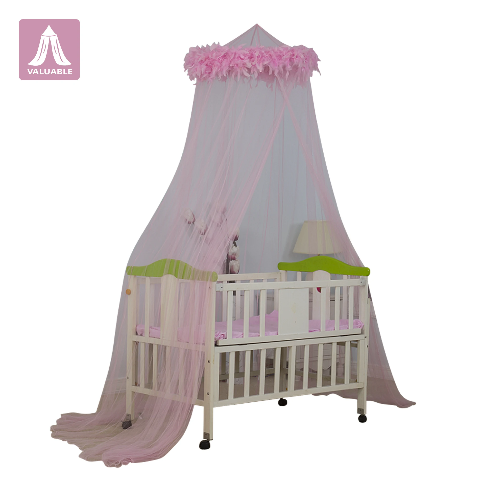 Indoor pink feather decoration children mosquito net bed canopy bedroom baby crib bed tent
