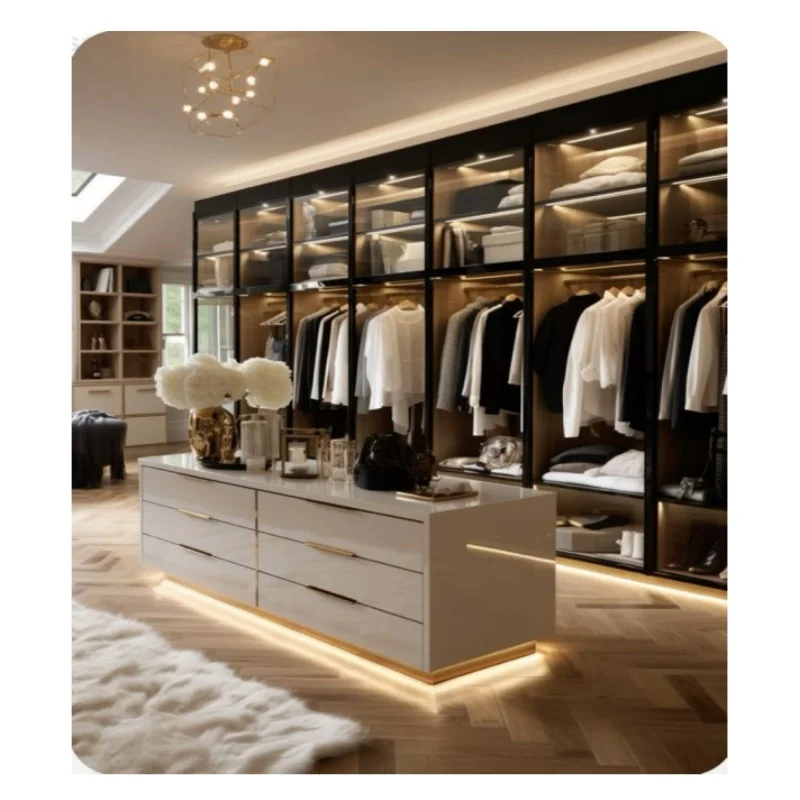2025 Custom made Italian style modern bedroom glass wardrobe design wooden wardrobe bedroom closet furniture with mirror