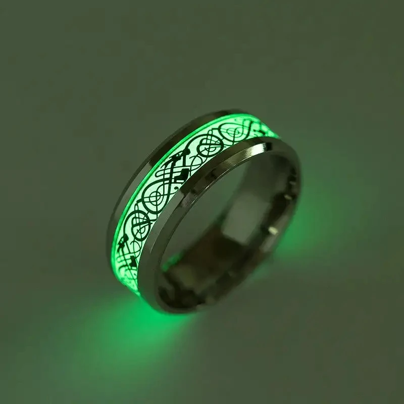 Glow In The Dark Dragon Texture Male Silver Ring Polishing Stainless Steel Ring Man