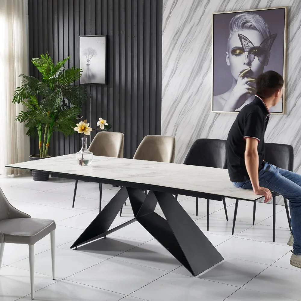 Customized Modern Furniture Metal Feet Ceramic top Extendable Dining Table