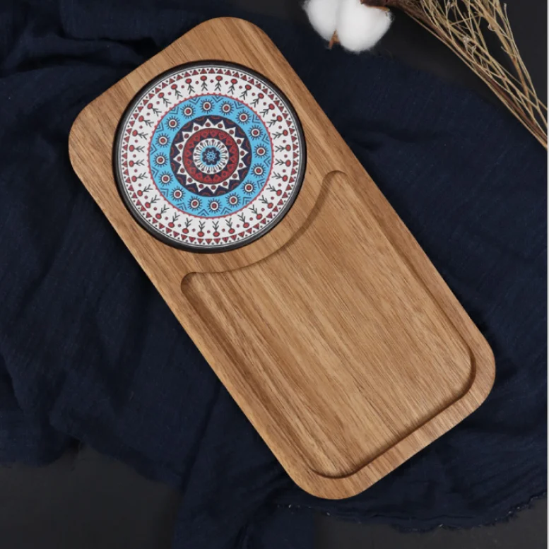 Wholesale Custom Acacia Wood Tray with Coaster Eco-Friendly Dinner Plates for Food Features Plant Pattern