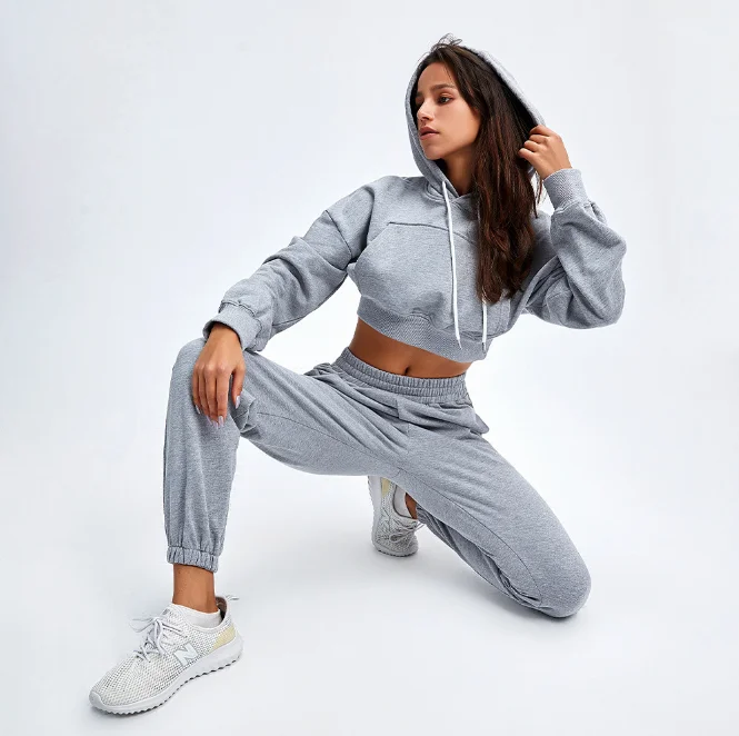 drop shipping fashion women casual 100%cotton crop top sweater loose trousers suit thickened two piece pants set women