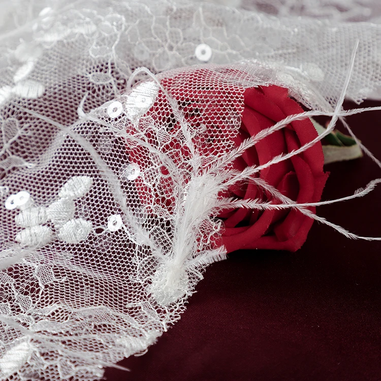 MX571 White Tulle Feather Sequin Bridal Mesh Embroidery Fabric Lace For Wedding Dress