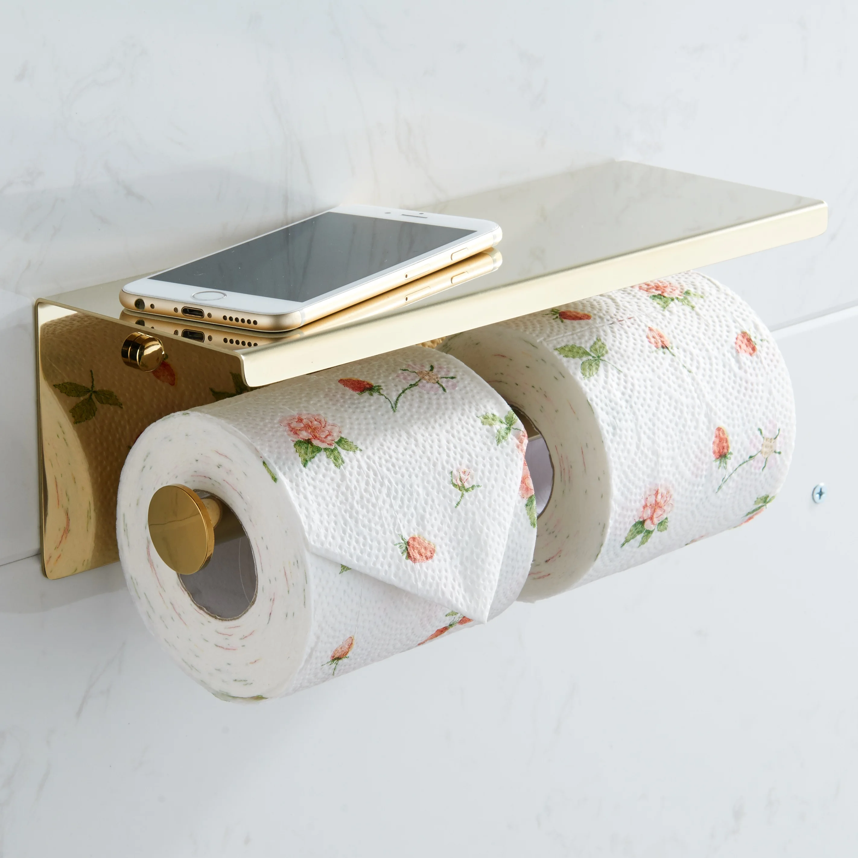 304 Stainless Steel Wall Mounted Gold Plated Paper Toilet Holder With Mobile Phone Shelf