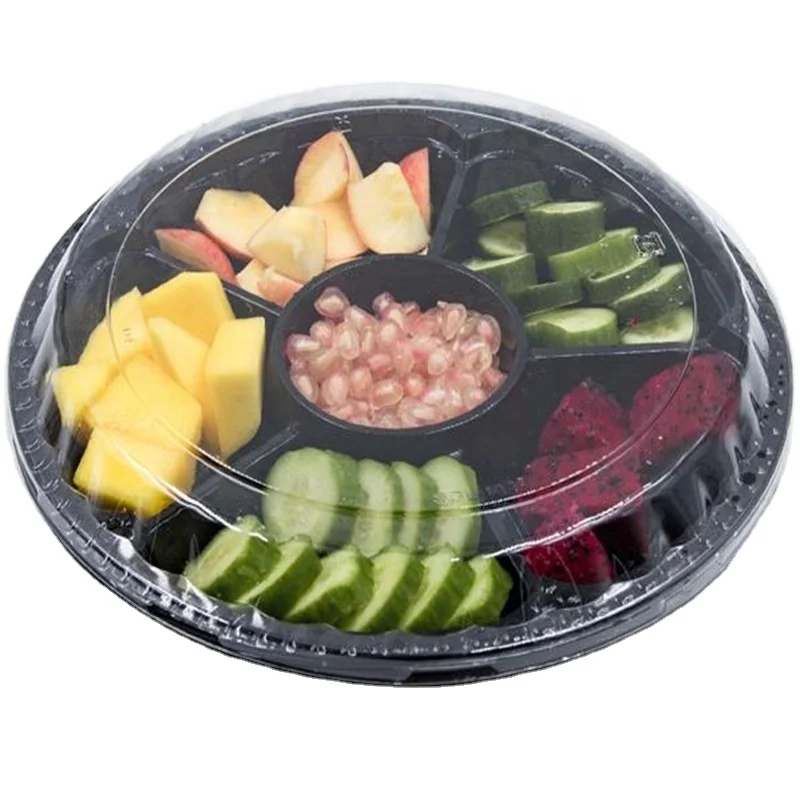 6 Compartment Fruit Food Container 12.6 Inch Round Plastic Appetizer Tray with Lid
