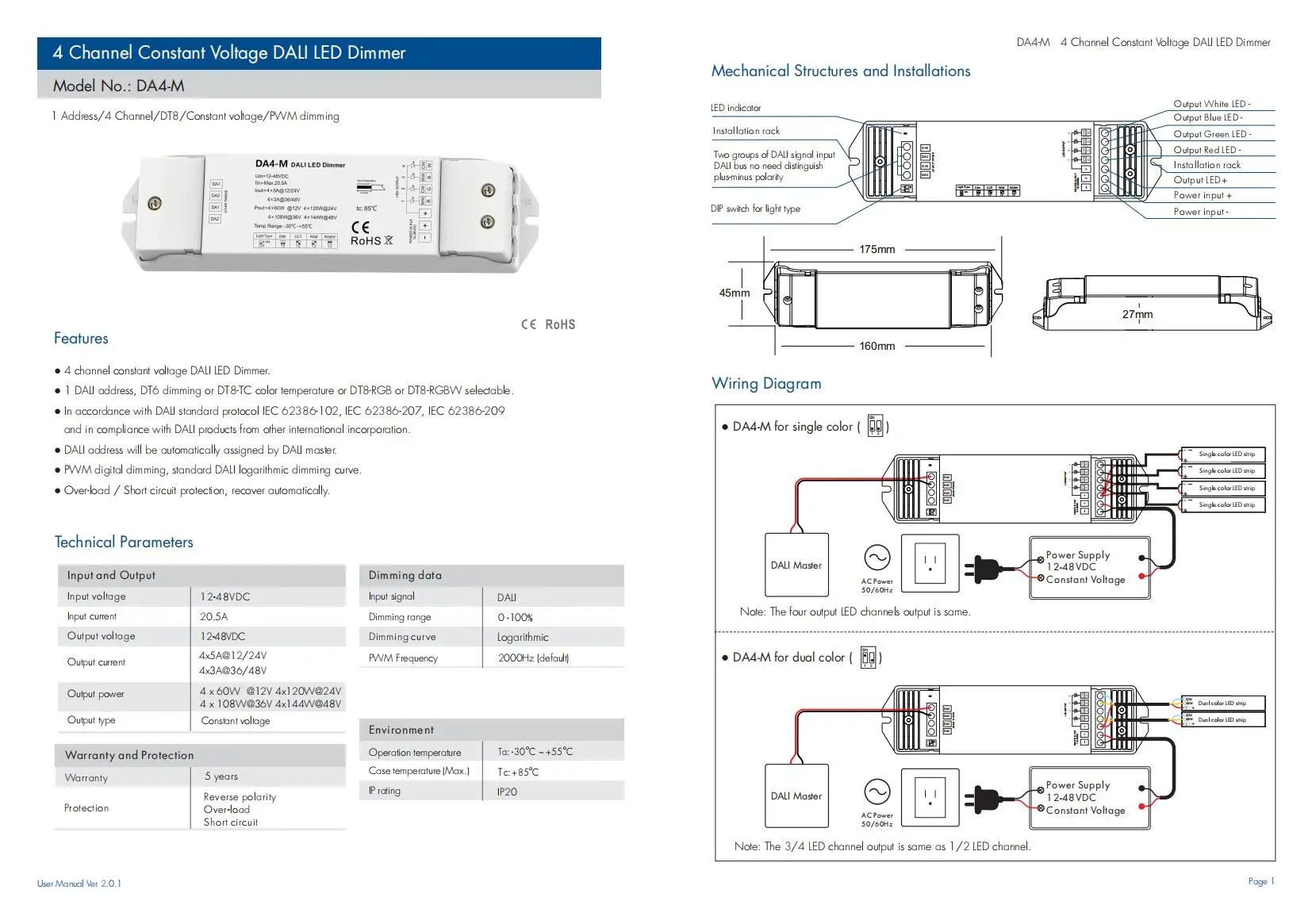 DANS CE SAA Dali 230V  DA4-M  DT8 4 channels led light  Controller Dimmer