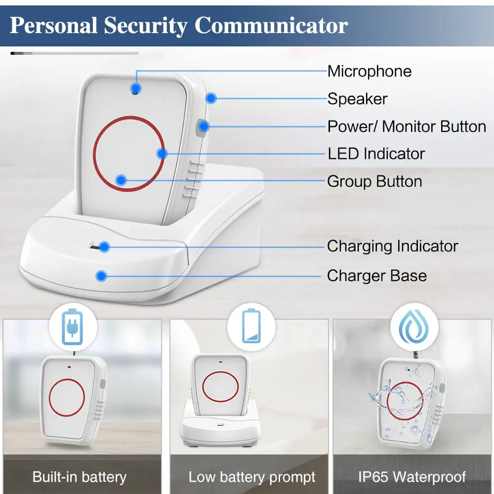 Wireless Pager Call Button Pendant Intercom System Two Way Communication for Home