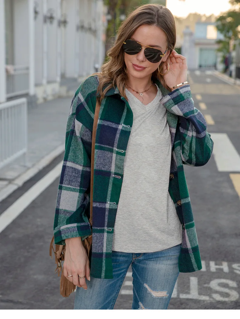 Осенне-зимние клетчатые рубашки с длинным рукавом Фланелевое пальто отворотом оптовая продажа большие размеры женская повседневная куртка карманами