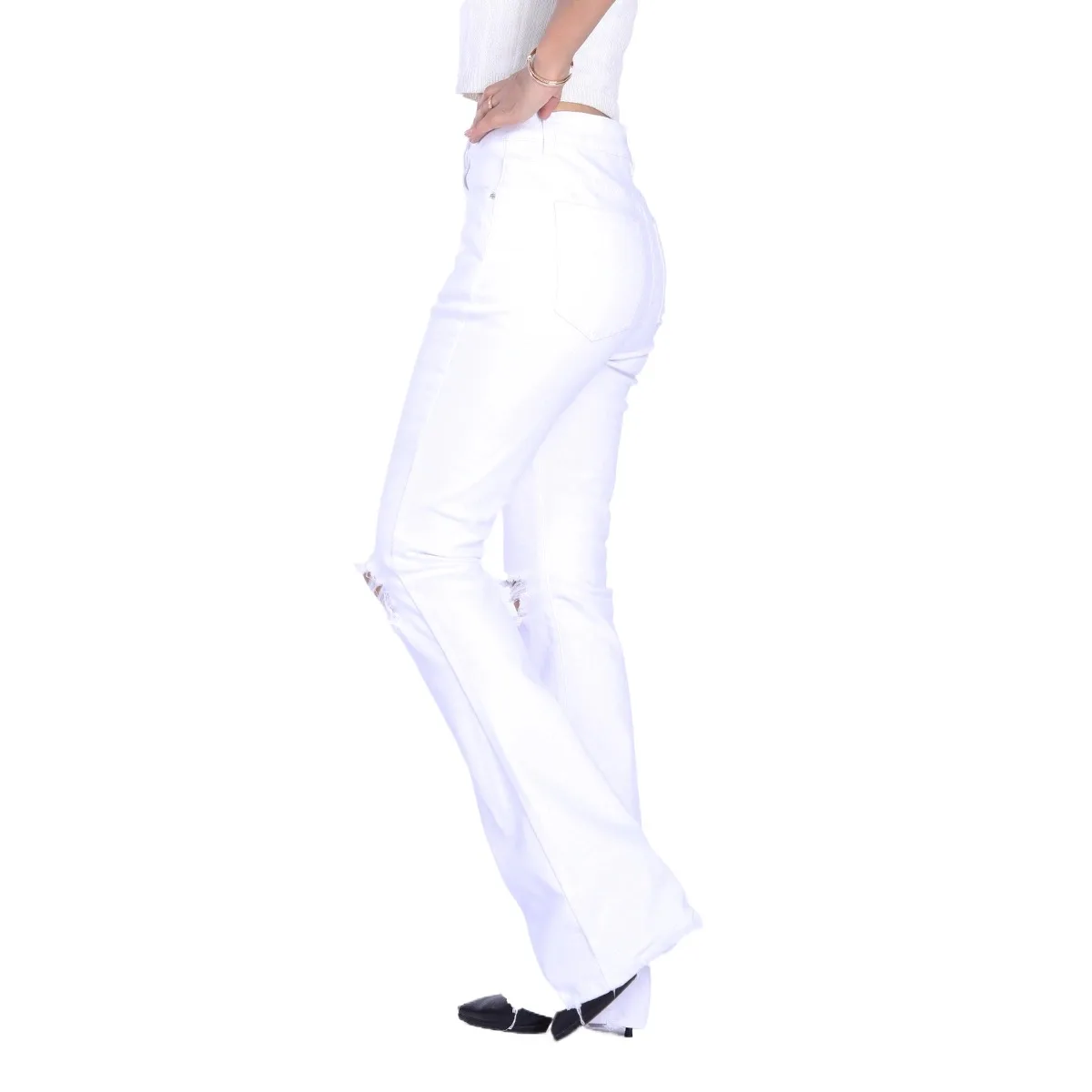 Custom White Colored Stretchy Ripped Design High Waist Women Flare Jeans