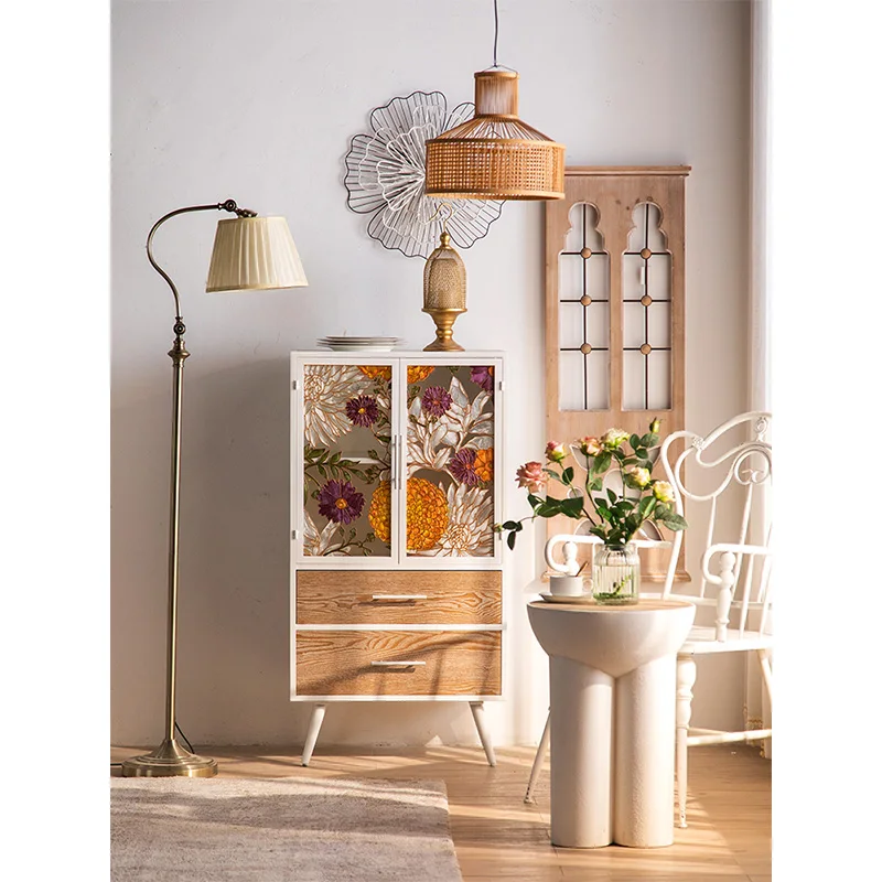 Dining Sideboard With Drawers Against The Wall Solid Wood Hand painted Glass Door Small Storage Cabinet
