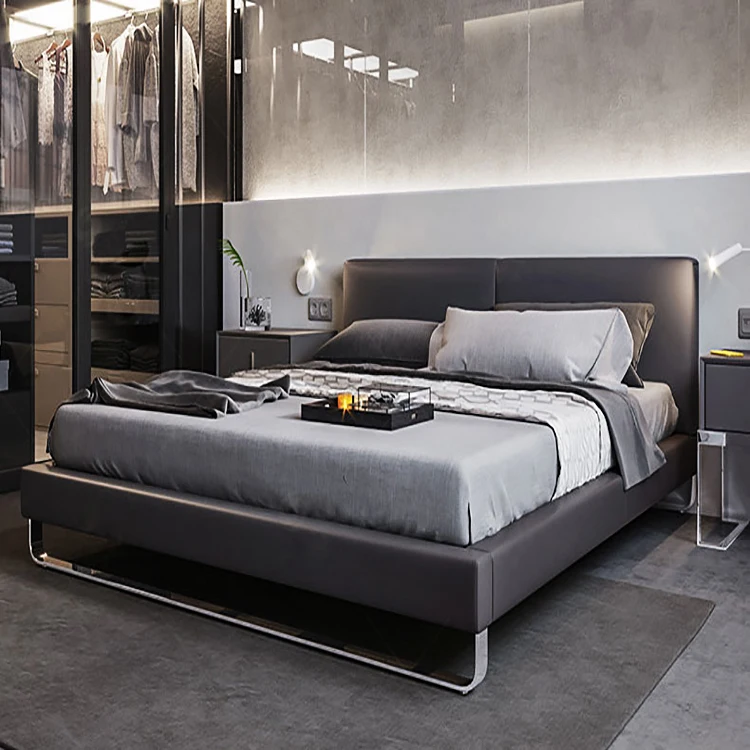 Factory custom new post-modern Italian light luxury bed leather main bed modern simple leather king size bed frame