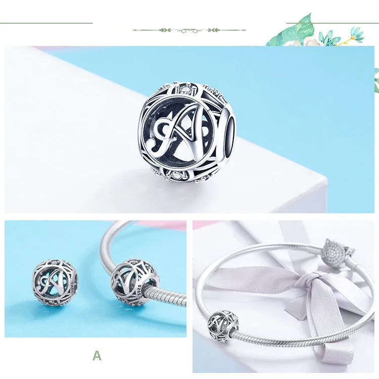 Factory wholesale fashion 925 sterling silver 26 Letters charm beads fit  bracelet jewelry classic inital beads