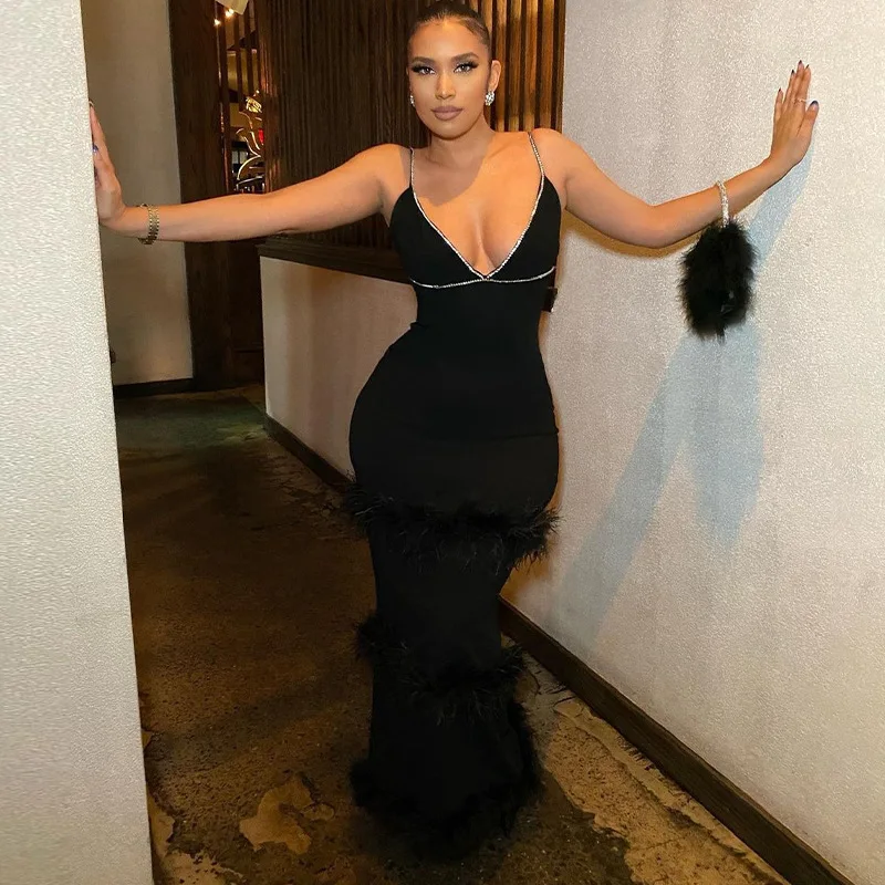 2024 New C1107DS01 Maxi Outfits Women Fall Clothes Slip Dress With Fur Ladies Dress Formal Party Rhinestone Dresses Women