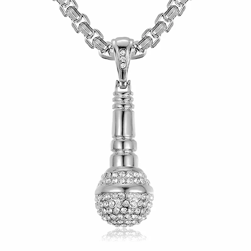Stainless Steel zirconia Gold Plated Cz Microphone Necklace Man Woman Hip Hop Microphone Pendant Accessories Party Jewelry