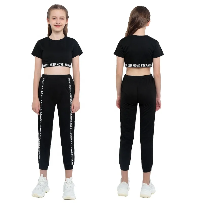 
Girls Two Pieces Sport Suits Letter Printed Short Sleeves Crop Top with Elastic Low Waist Leggings Kids Workout Clothing 