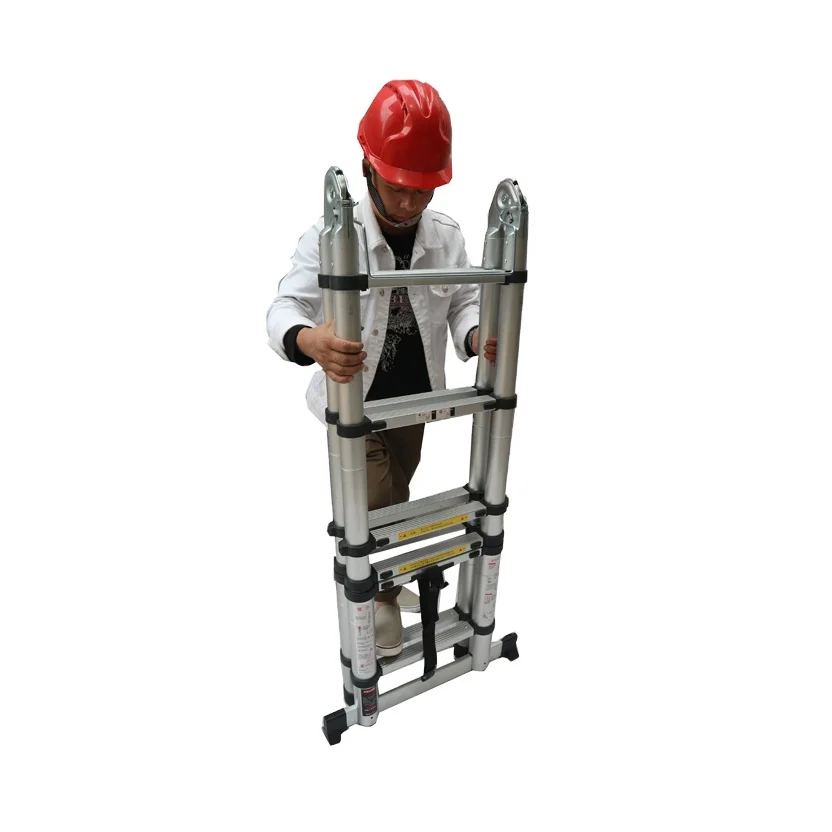Двухсторонняя алюминиевая телескопическая ступенчатая лестница со стабильными стальными стенками, 1,9 + 1,9 метров