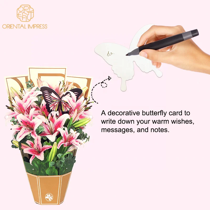 Paper Large Size Pop Up Lily Cards Forever Flower Bouquet with Butterfly Card and Envelope