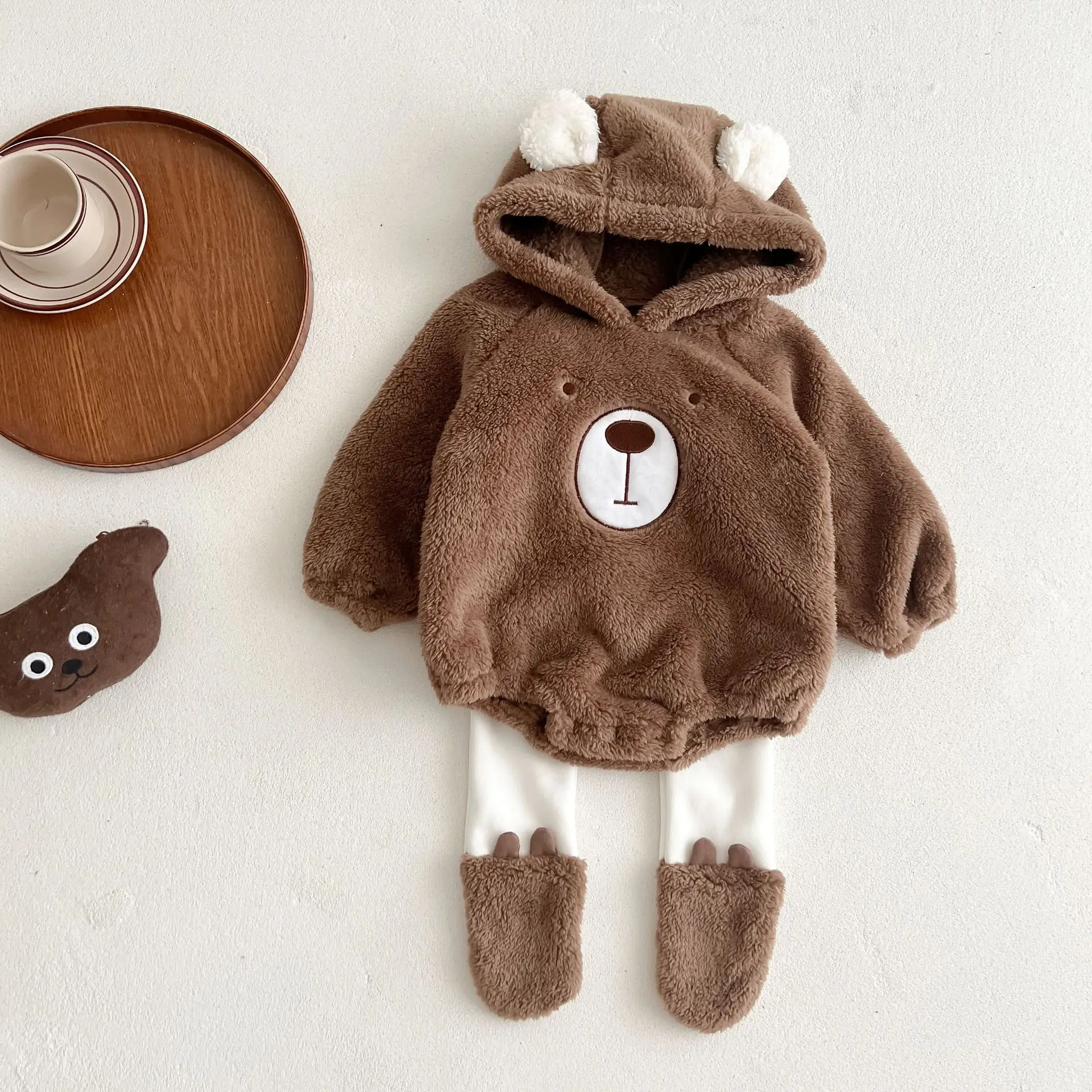 Ins Autumn Winter Newborn Toddler Girl Bear Long Sleeve Thick Fleece Hooded Romper Outfits Baby Bodysuit