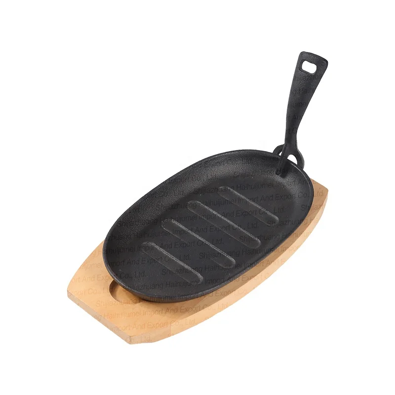 Manufacture Pre-Seasoned Barbecue BBQ Cast Iron Fajita Sizzling Steak plate Pan Tray Set Remove Handle Wooden Base