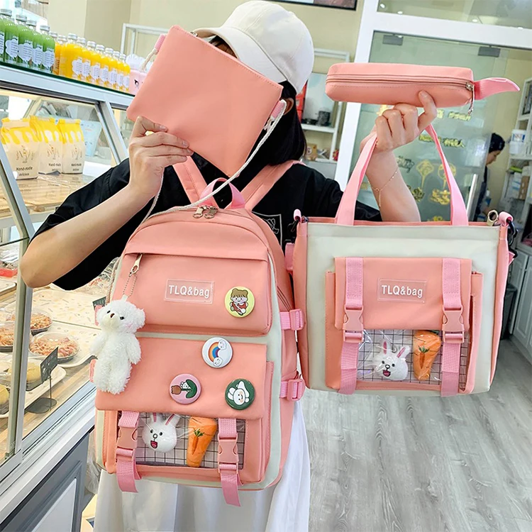 4 Pcs Set Women Laptop Backpack For Teenage Girls Kawaii College Student Kids Book Bag Rucksack 2022 Canvas School Bags
