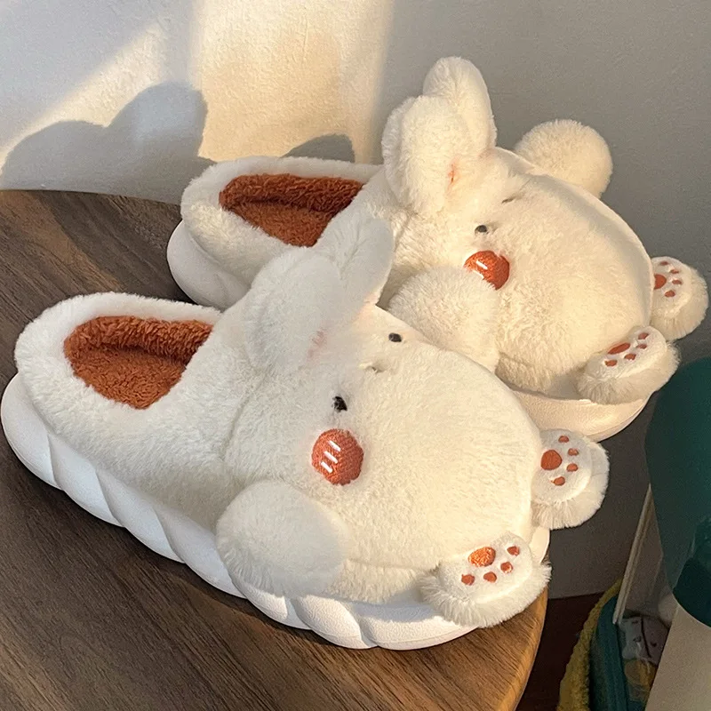 Cartoon cute rabbit fluffy slippers winter indoor home thickened non-slip soft sole bedroom plush slippers women