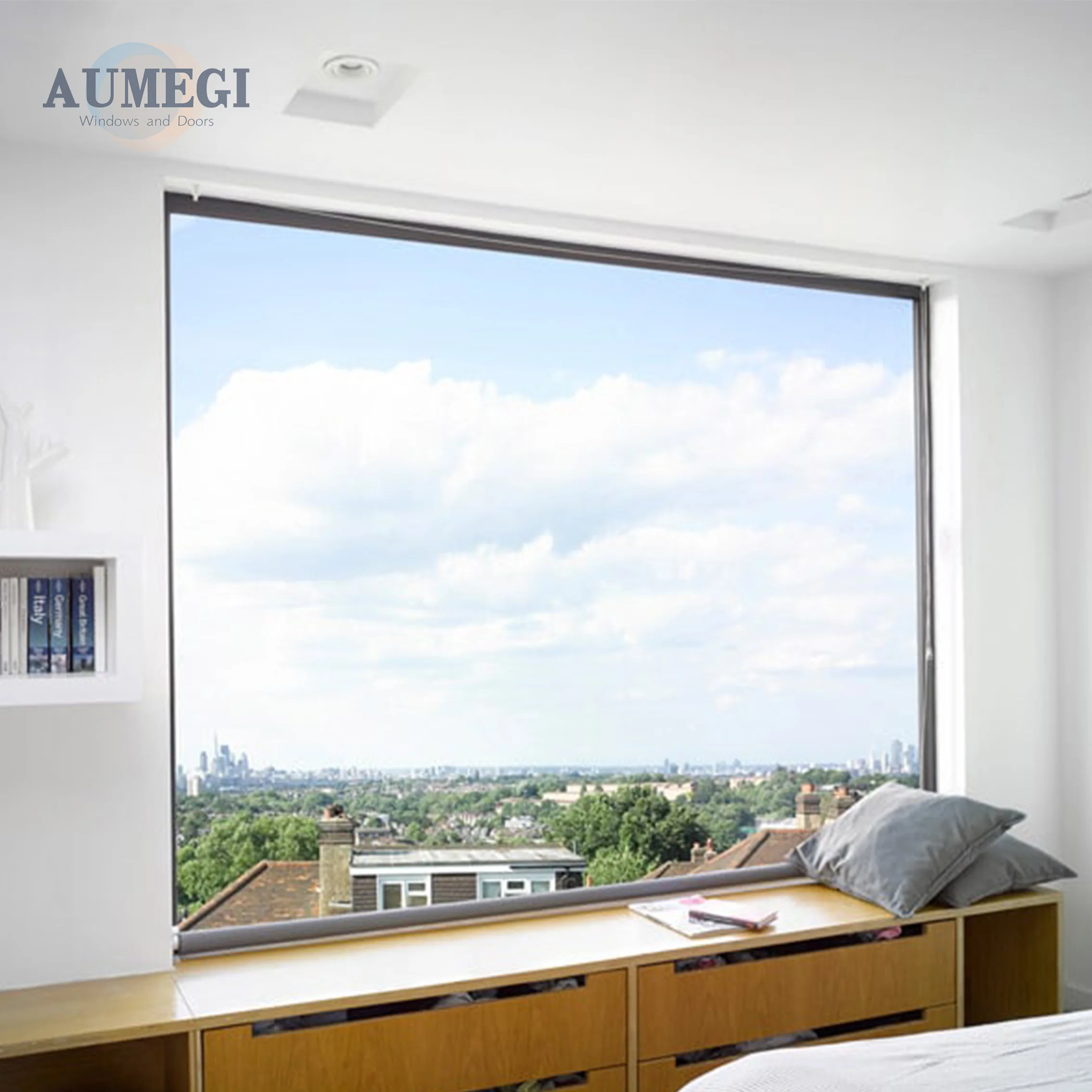 Aumegi French Aluminium Double Glazed Windows Fixed Large Glass Picture Window Villa