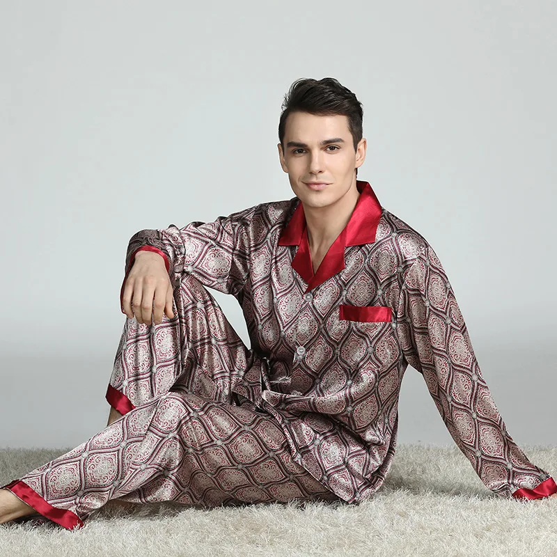 Customized Logo Silk Satin Pajamas Men Sleepwear Two Piece Night Gowns