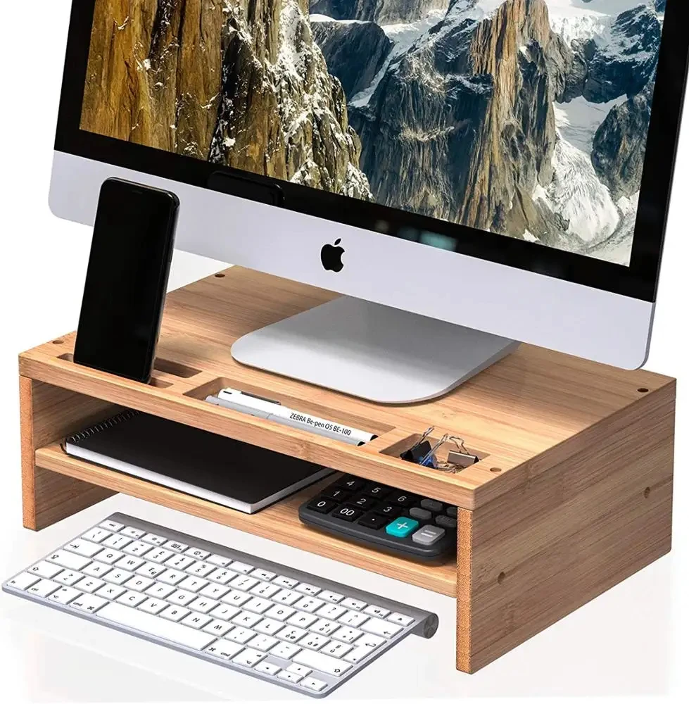 Two-Layer Bamboo Notebook Computer Stand With Storage Organizer 2 Computer Stands,Desktop Monitor Riser Stand
