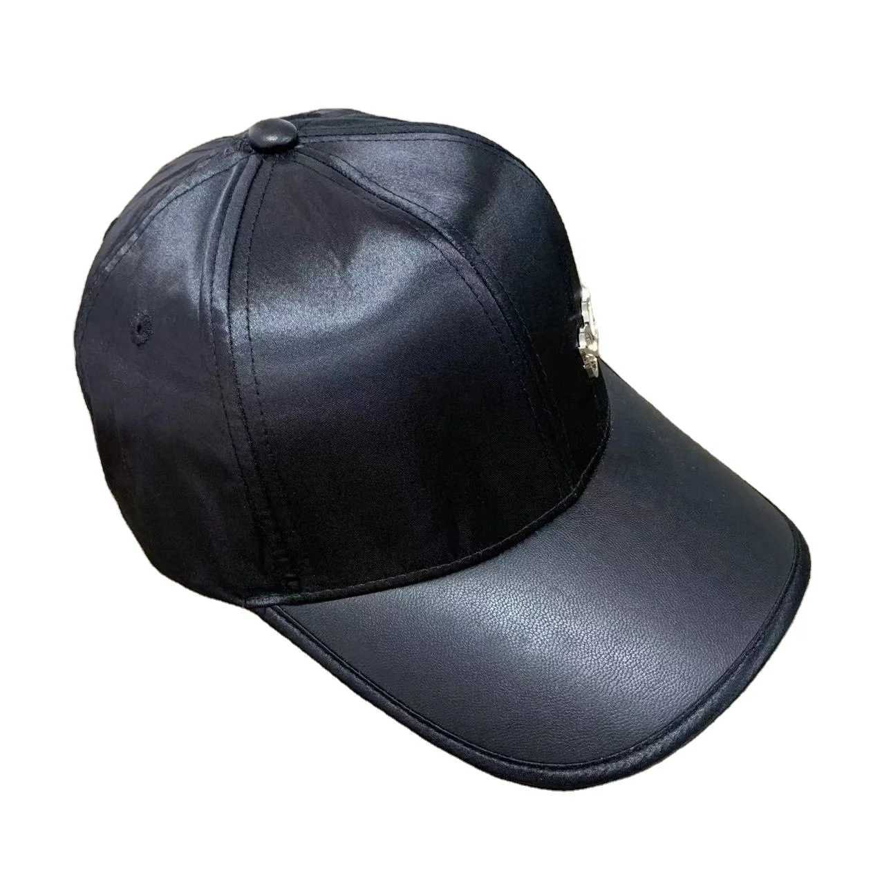 Blank Shiny Satin Fashion Hats Custom Metal Patch Binding Brim Black Satin Baseball Cap Hat With Silk Lining