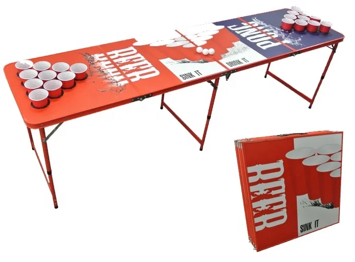 8FT Folding Camping Painted Beer Pong Table with Holes for Cups