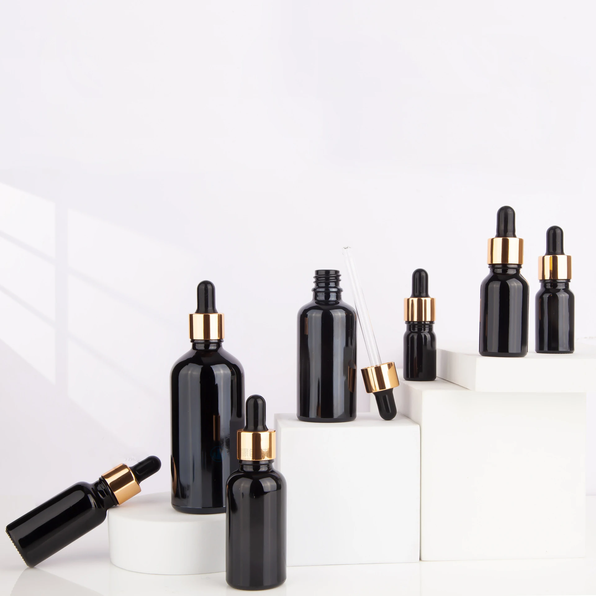 Empty 5ml 10ml 15ml 20 ml 30ml 50ml 100ml Essential Oil  Hair Serum Bottle Glass Shiny Black Gold Dropper Bottles