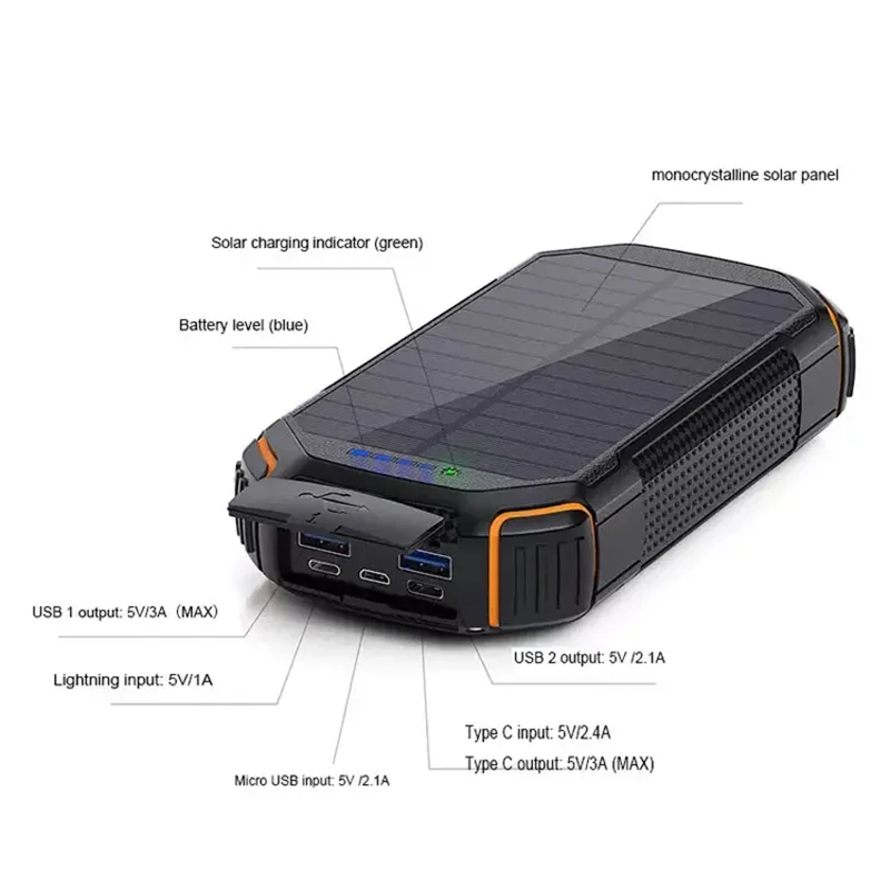 wireless Camping Solar Power Bank 20000mah Portable Cell phone charger with Led flashlight