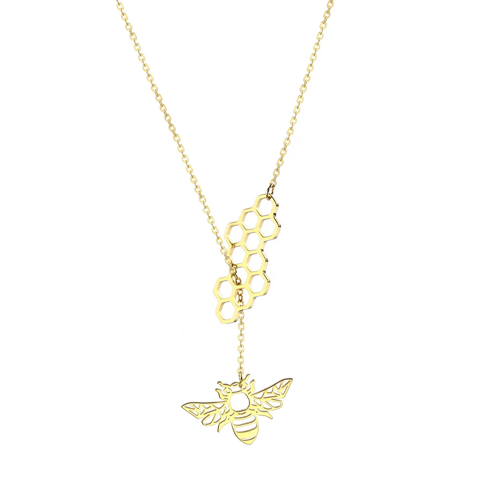 Fashion Stainless Steel Simple Small Animal Bee Hive Necklace Hollow Bumble Bee Honeycomb Necklace