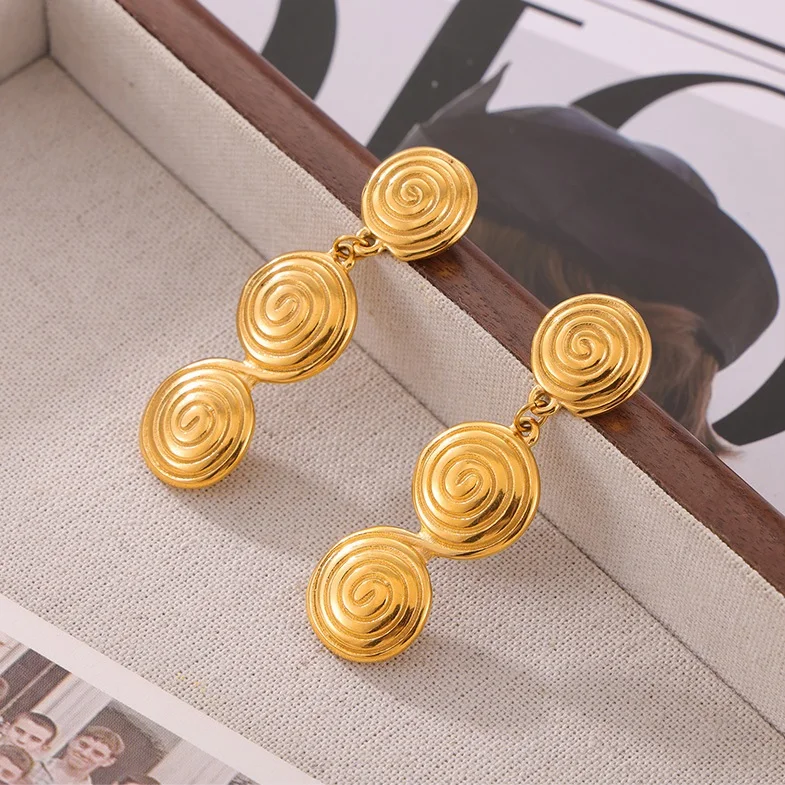 Ins Pvd 18k Gold Plated Stainless Steel Waterproof Hypoallergenic Jewelry Gifts Spiral Screw Round Drop Earring For Women bijou