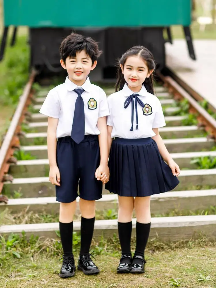 Custom navy pleat girls school uniform skirt and white shirt spring primary school student uniform kids