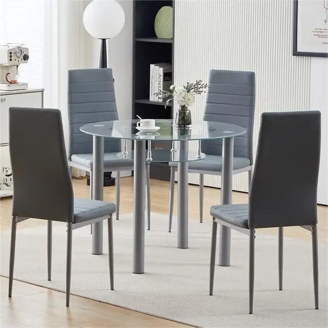 Round Glass Grey Kitchen Dining Table With Storage Shelf And 4 Grey Metal Chairs