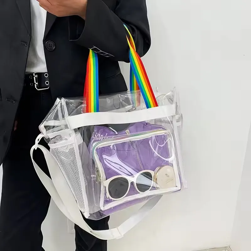 Cheap Fashion Stylish Waterproof Transparent pvc shoulder bagTravelling sling bag portable shopping tote bag for girl