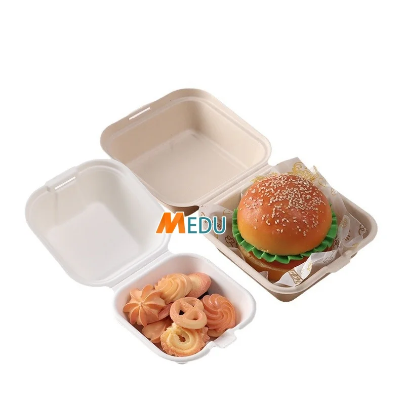 Disposable compostable bagasse Sugarcane biodegradable bagasse food container Burger paper pulp lunch box