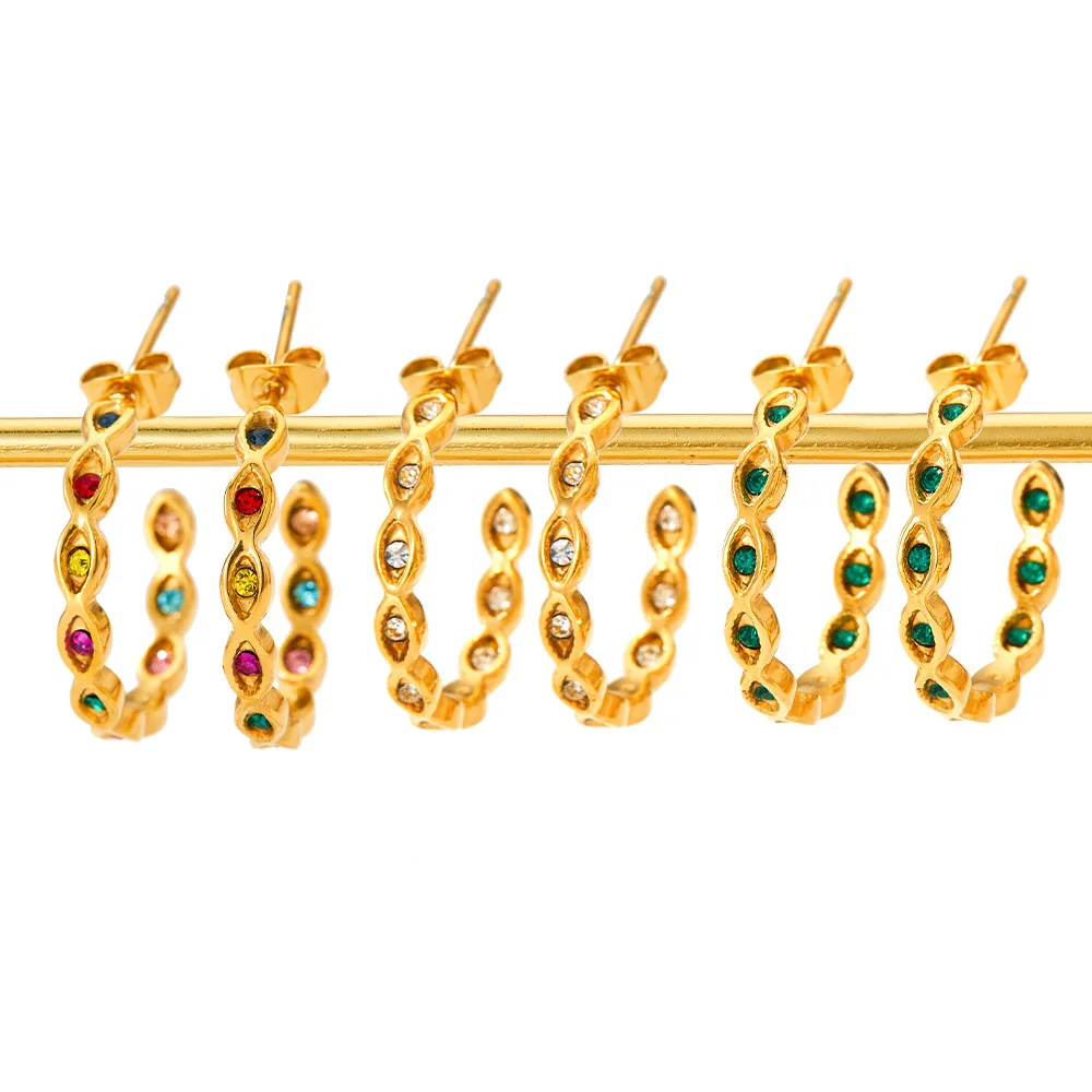 Hot Sale 18K Gold Plated Colorful Zircon Hoop Earring Vintage Stainless Steel C Shape Zircon Hoop Earrings Women