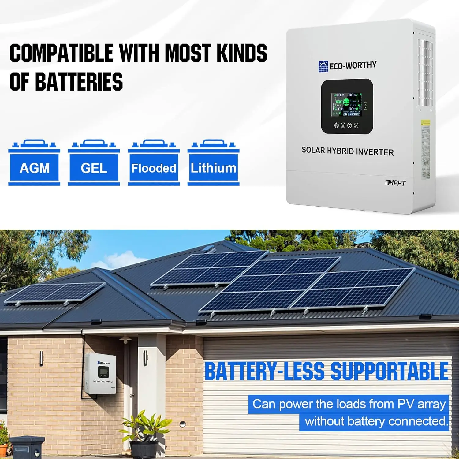 5000W Solar Hybrid Inverter Charger, Multiple Parallel Convert 48V DC to 120V-240V AC, Built in 80A MPPT Charge Controller