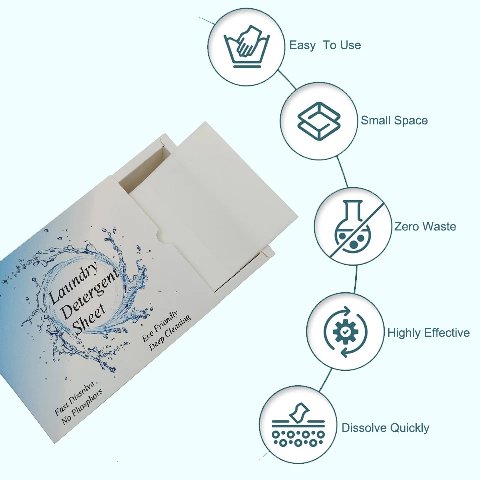 Customize Packing Box Eco-Friendly Plant based Free Laundry Detergent Sheets for HE machine travel home clothes washing